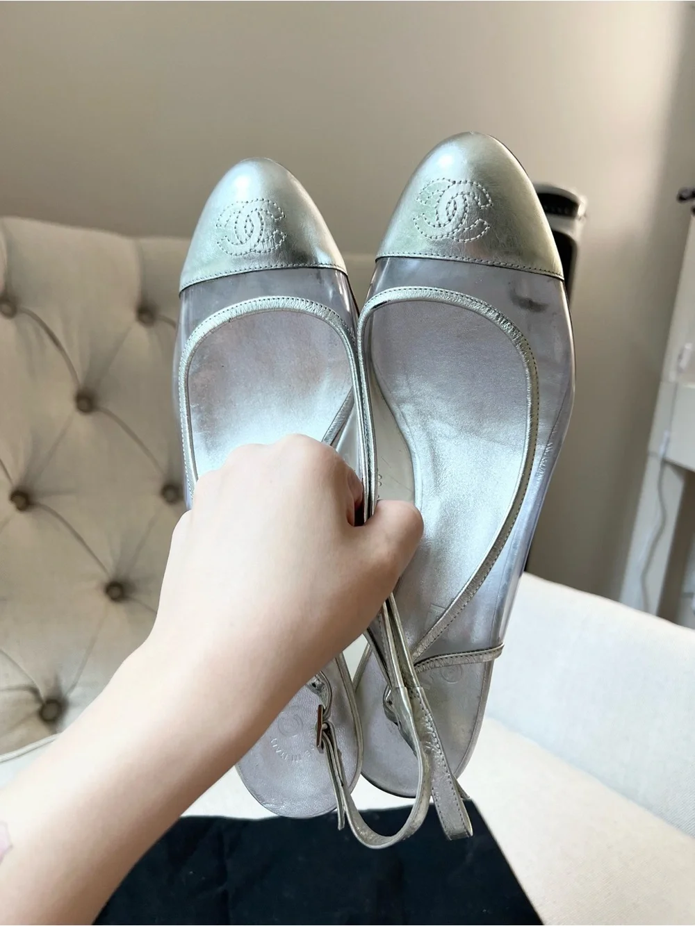 Chanel Silver Cap-Toe Slingback Ballet cat heel